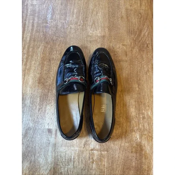 Gucci Loafers Web Grossgain Horsebit Black Patent Flats Shoes Sz 37.5 Mocassins - Picture 2 of 8